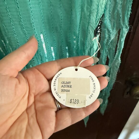 BAYAA | Silk Chiffon Teal Hand Dyed Sequin Fringe Trim Scarf - BNWT - Picture 7 of 7